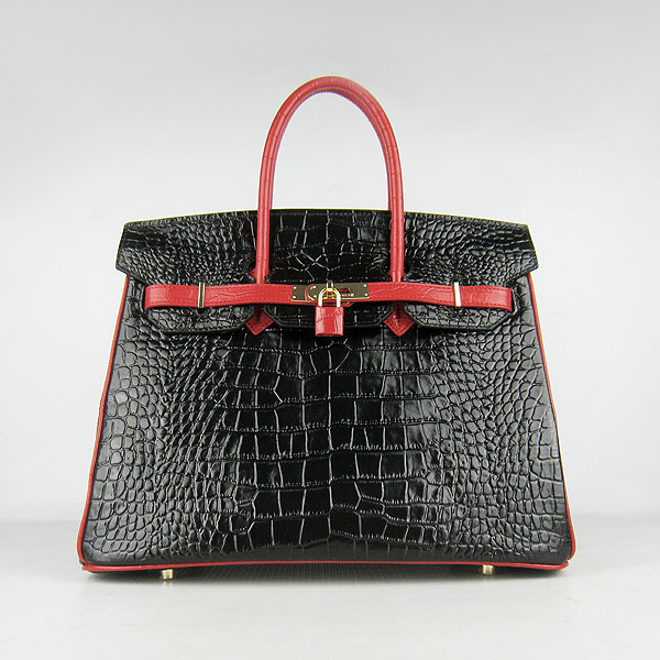 High Quality Fake Hermes Birkin 35CM Crocodile Veins Leather Bag Black/Red 6089 - Click Image to Close